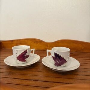 Vintage White and Purple Teacup Set with Saucers